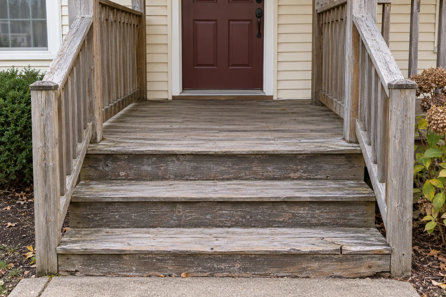 Weathered wooden porch with a cracked step before repair.