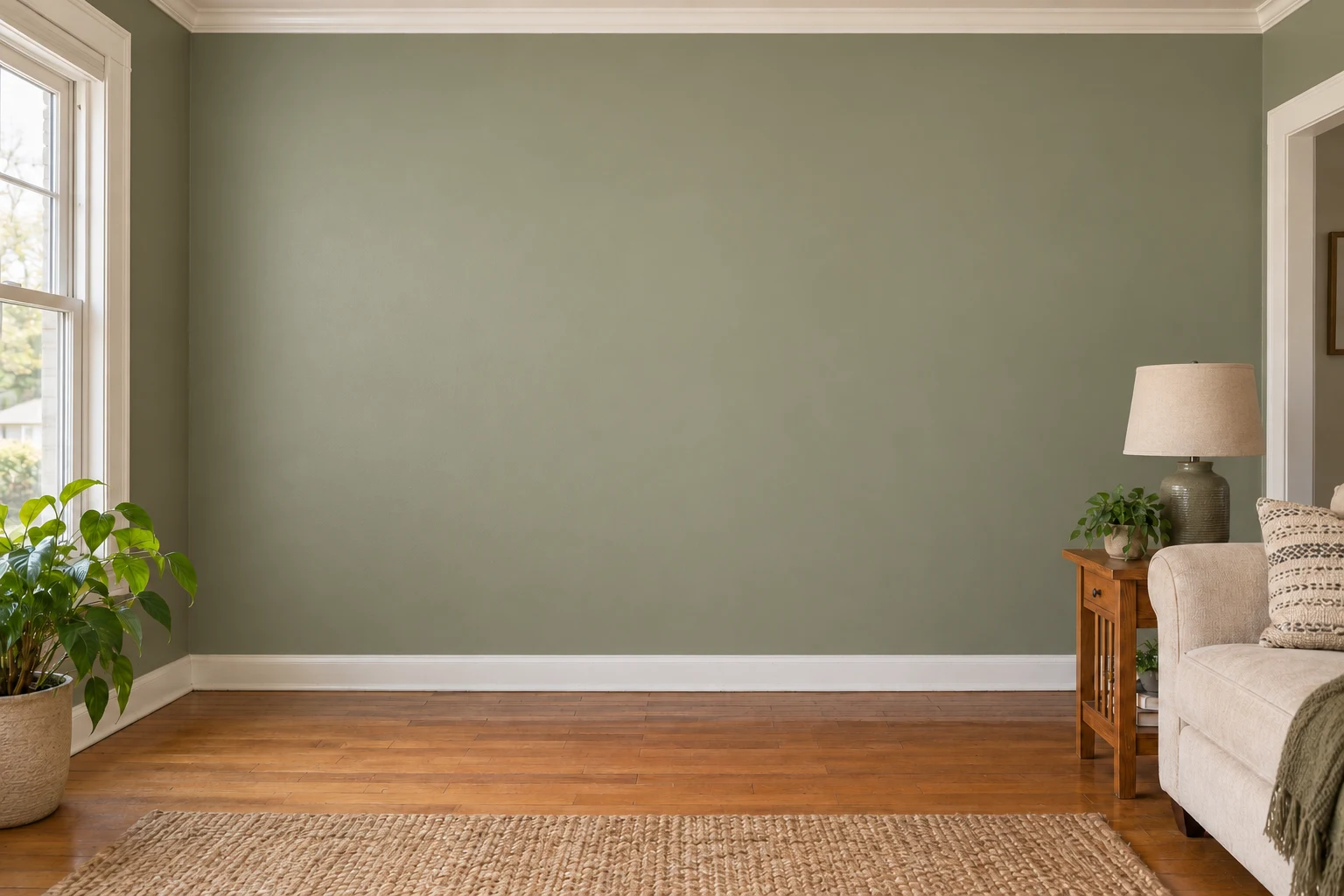 The same room with smooth sage-green walls after repainting.