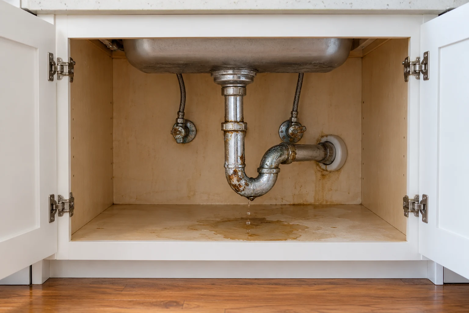Corroded under-sink plumbing with a leak before repair.